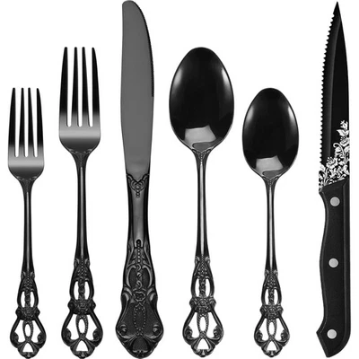 Gorgeous Retro 48 Pcs Black Silverware Set with Steak Knives, Royal Silverwar... - Image 1 of 4
