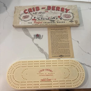 Vintage 50er Jahre Krippe - Derby Cribbage Board E S Lowe mit 10 Pins & Anleitung - Bild 1 von 13