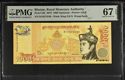 Bután 1000 Ngultrum 2016 P 34 b Excelente gema UNC PMG 67 EPQ Foto 1 de 3