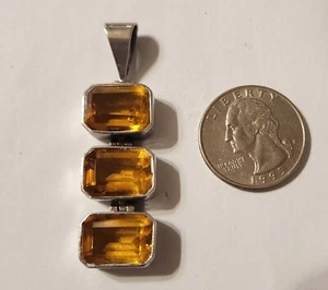 Sterling Pendant with 3 Emerald Cut Amber Glass Stones - 1-1/2" + Bail - Picture 1 of 4