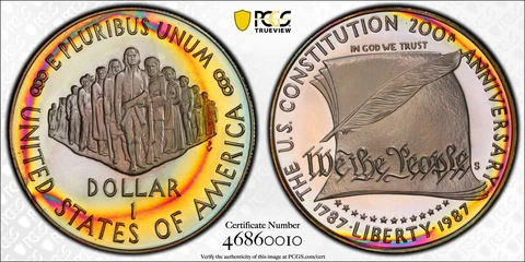 PR69DCAM 1987-S Constitution Silver Proof Dollar, PCGS- Pretty Rainbow Toned Cover