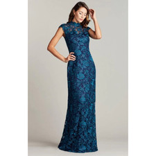 Tadashi Shoji Qara Embroidered Gown Teal Blue Lace Maxi 16 NWT