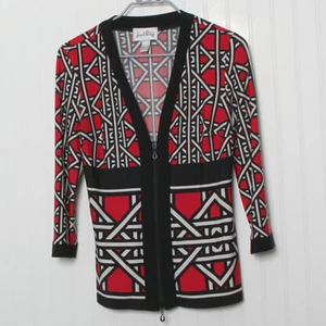 Joseph Ribkoff Red Black VNeck 3/4 Sleeve Geo Zipper Poly Jacket Cardigan 10 - Picture 1 of 9