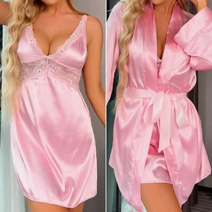 Womens Satin Kimono Robe w/ Dress Lingerie Set Nightgown Sleepwear Silk Bathrobe - Picture 1 of 25