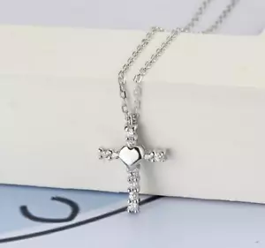 Faith Cross Love Heart Pave Cubic Zirconia Silver White Gold GP Pendant Necklace - Picture 1 of 2