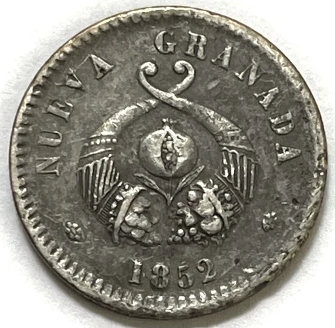 1852 Silver Colombia Nueva Granda 1 Real Pomegranate Coin KM#112 Condition XF Cover