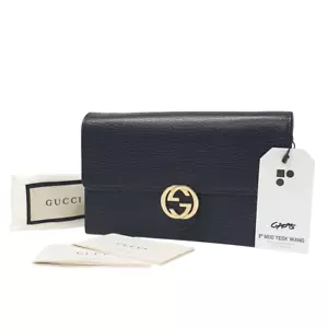 Portafoglio Gucci Interlocking GG in pelle nera a tracolla 615523 con sacchetto antipolvere GA095 - Foto 1 di 12