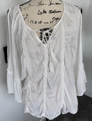 Blusa túnica Spense para mujer talla L hombro frío blanca cuello en V manga campana Foto 1 de 4
