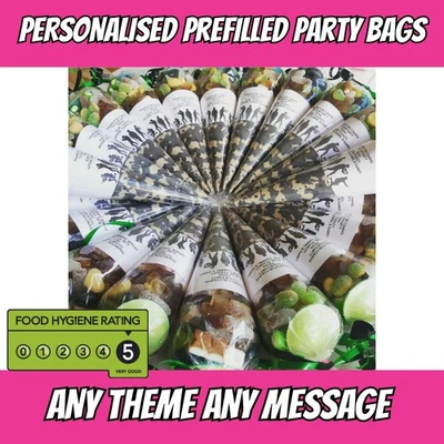 Pre filled party bag CAMOUFLAGE sweet cones Personalised boys girls birthday  - Image 1 of 4