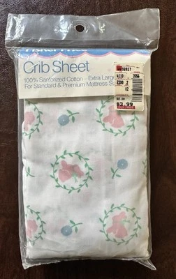 Sábana Cuna Fisher Price 1989 Rosa Conejitos Azul Flor Algodón Ajustada NUEVA Foto 1 de 4