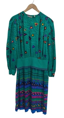 Vestido retro plisado vintage años 90 verde azulado geométrico seda talla 12  Foto 1 de 4