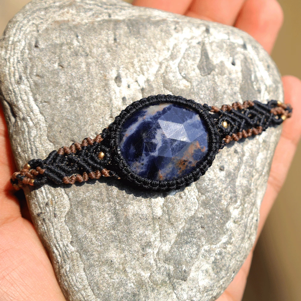 Hand Crafted Natural Faceted Sodalite Micro Macrame Cuff Reiki Gemstone Bracelet - Image 1 of 4
