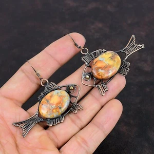 Gift For Her Maligano Jasper Wire Wrapped Fish Drop/Dangle Earrings Copper 2.36" - Picture 1 of 6
