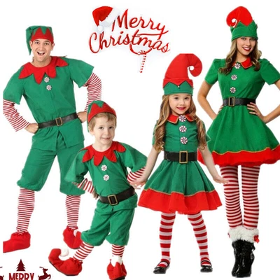 Christmas Elf Costume Adult Kids Family Fancy Dress Santa Helper Cosplay Outfits - Image 1 of 4