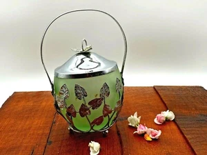 RARE Bagley Art Nouveau Green Frosted Glass Bon Bon Dish Silver Metal Case - Picture 1 of 11