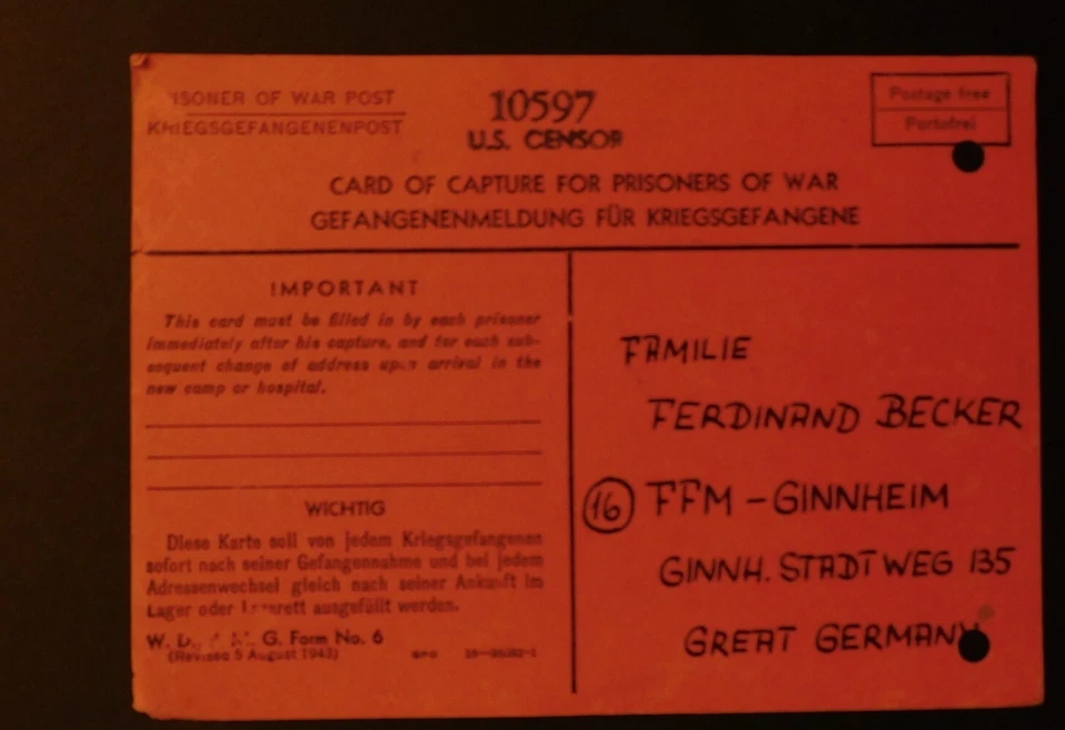 1945 Camp Mexia Texas USA Prisoner of war Postcard Cover Germany Change Address - Image 1 of 2