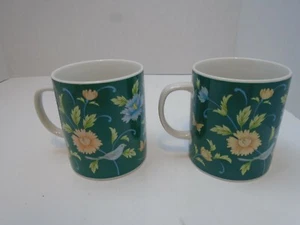 2 Kaffeetassen Pfirsichblau Blume Pfirsich Schmetterling Blau Vogel  - Bild 1 von 9