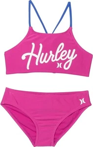 Hurley Big Girls Printed Bikini Top and Bottom 2 Piece Set-M-Active Fuchsia - Picture 1 of 3