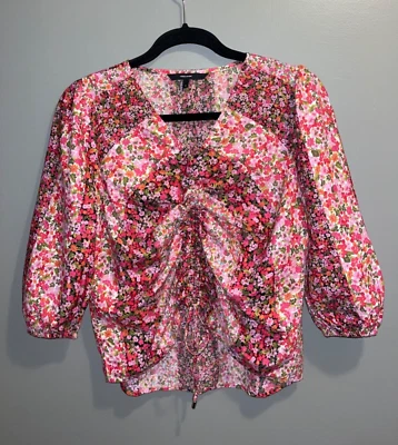 Blusa feminina Vero Moda Ditsy floral franzida com cordão S leve algodão gola V - Imagem 1 de 4