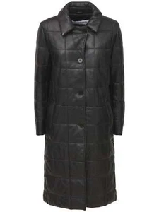 NOUR HAMMOUR Astor Longjacke Mantel schwarz gesteppt Leder Knopfleiste Kragen 34/2 - Bild 1 von 6