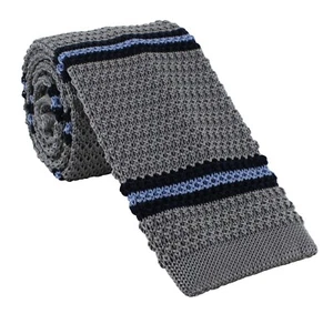 Michelsons of London Lt Grey with Navy / Lt Blue Stripe Skinny Silk Knitted Tie - Picture 1 of 4