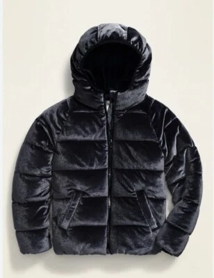 Old Navy Black Velvet Lined Hooded Full Zip Up Girls’ Puffer Jacket Size S 6-7 - Image 1 of 4