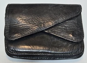Vntg PRYM Black Leather Belt Loop Wallet Double Flap Pockets Zippered - Picture 1 of 15