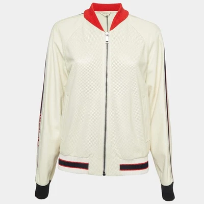 Gucci Cream Logo Print Leather Perforated Detail Bomber Jacket L - Image 1 of 4