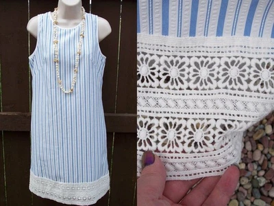 London Times NUEVO Vestido Seersucker Ojales Encaje Talla 6 S PASCUA PRIMAVERA Azul Blanco Foto 1 de 4