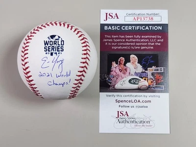 Eric Young Firmado Serie Mundial 2021 Béisbol Certificado de Autenticidad JSA Campeones Mundiales Bravos WS Foto 1 de 4
