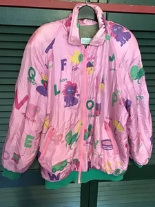Vintage 1980s Benetton Pink Alphabet Print Puffy Jacket Padded Shoulders 42" XL - Picture 1 of 17