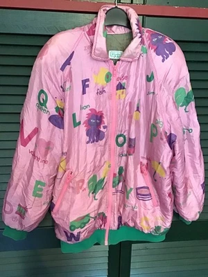 Vintage 1980s Benetton Pink Alphabet Print Puffy Jacket Padded Shoulders 42" XL - Image 1 of 4