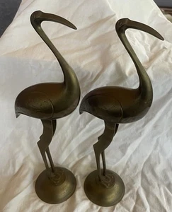 2 Vintage MCM Solid Brass Figural Standing Cranes Birds Pair Sculpture India? - Picture 1 of 15