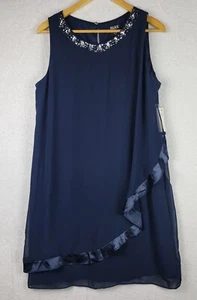 SLNY Dress Women 16 Sleeveless Embellished Neck Navy Midi Party Evening Wear - Picture 1 of 11