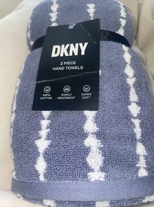 DKNY Blue White Bathroom Hand Towels Set 2 100% Cotton Towel - Plush Banded S15 - Picture 1 of 6