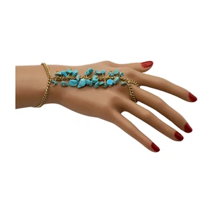 Women Gold Metal Hand Chain Western Fashion Bracelet Finger Ring Turquoise Blue - Picture 1 of 15
