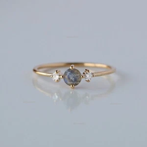14K Yellow Gold Labradorite Gemstone & SI 2 Diamonds Dainty Ring Jewelry Size 7 - Picture 1 of 10