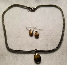 Thick Silver Chain Necklace with Brown Pendant and Matching Earrings Set - Used