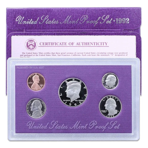 1992 S Proof Set Original Box & COA 5 Coins CN-Clad Cover