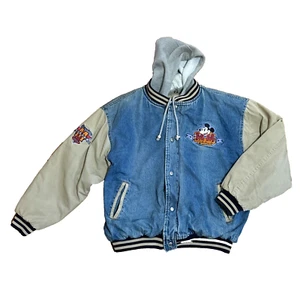 Vintage Disney Catelog Varsity Steppjacke Denim Kapuze Druckknopf Mickey Mouse Mantel LG - Bild 1 von 24