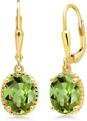 9X7MM Oval Peridot Solitaire Drop Dangle Leverback Earrings Yellow Gold Plated - Image 1 of 4