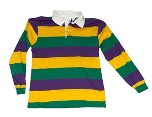 VTG 90s Dunloggin Mardi Gras Carnival Wide Stripe L/S Rugby Shirt Sz M 50/50 USA - Picture 1 of 6