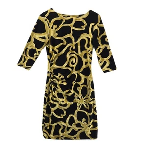J Mclaughlin Catalina Midi Dress Women Small Black Gold Pattern Preppy Versatile - Picture 1 of 8