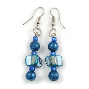 Shell/ Glass Bead Drop Earrings In Silver Tone/ Blue/ 60mm L - Picture 1 of 4