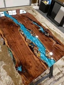 Stunning Ocean Epoxy Resin Dining Table Top | Handmade Live Edge Wood | Coastal - Picture 1 of 11