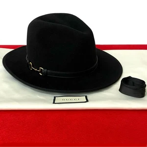 GUCCI Horsebit Metal hat wool leather black 3439d - Picture 1 of 6
