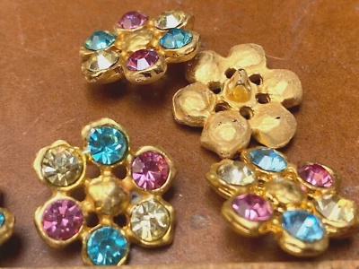 vintage round crystal flower 3/4" pink aqua yellow gold 3pcs Czechoslovakia - Image 1 of 4