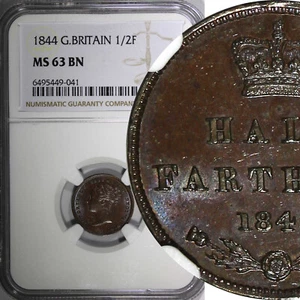 Great Britain Victoria 1844 1/2 Farthing NGC MS63 BN Brown Toning KM# 738 (41) - Picture 1 of 5