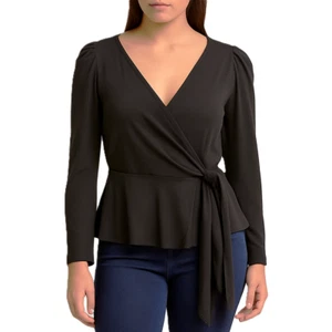 INC International Concepts Black Tie Waist Peplum Top Womens Size XXL 2XL V-Neck - Picture 1 of 11