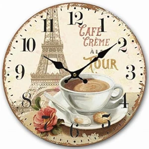 Wooden Wall Clock Paris French Eiffel Tower Coffee Cup Clock Retro Vintage Large - Picture 1 of 3